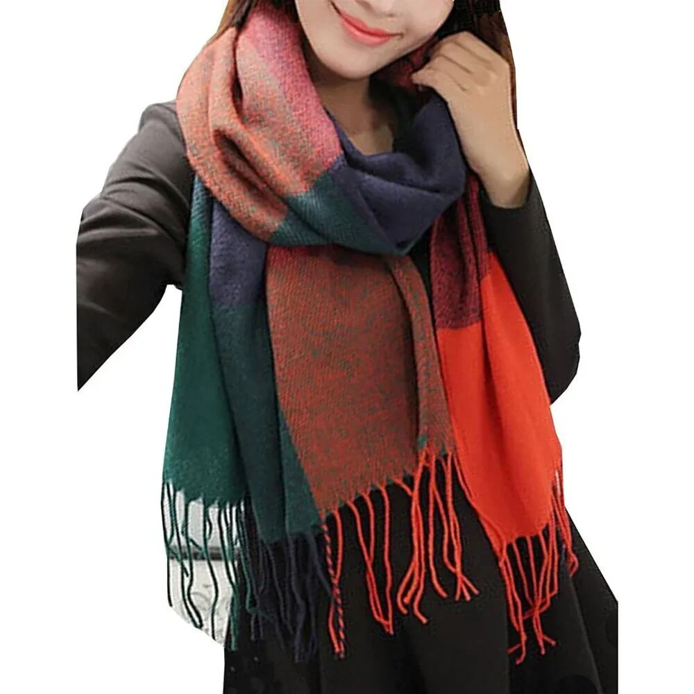 Women's Orange Blue Fashion Long Shawl Big Grid Winter Warm Lattice Large Scarf